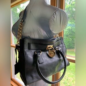 Michael Kors Hamilton Shoulder Black Leather Handbag with Gold Hardware VGC